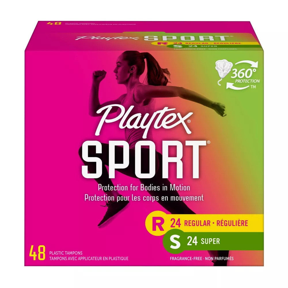 Playtex Sport Multi Pack Plastic Applicator Tampons, 24 Regular and 24 Super Tampons, Fragrance Free, 48 Ea